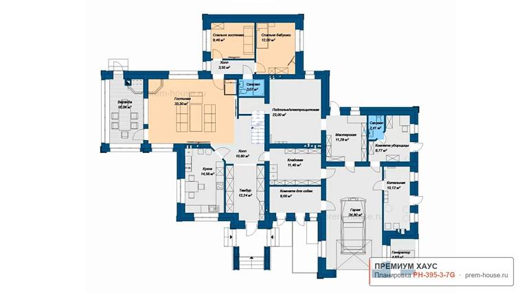 Планировка 1 этажа дома Особняк в стиле Райта Л, 395 м² — Премиум Хаус