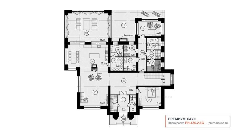 Планировка 1 этажа дома Прованс КВ-437, 436 м²— Премиум Хаус