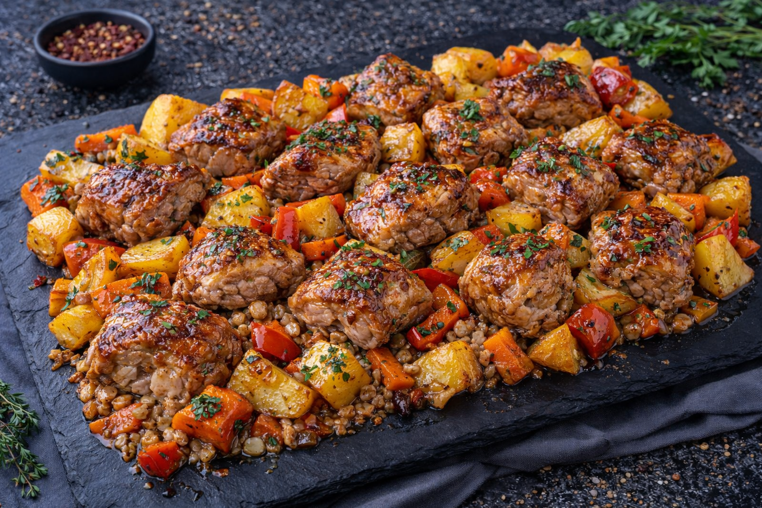 Свинина, запечённая с овощами в мёдово-уксусной глазури