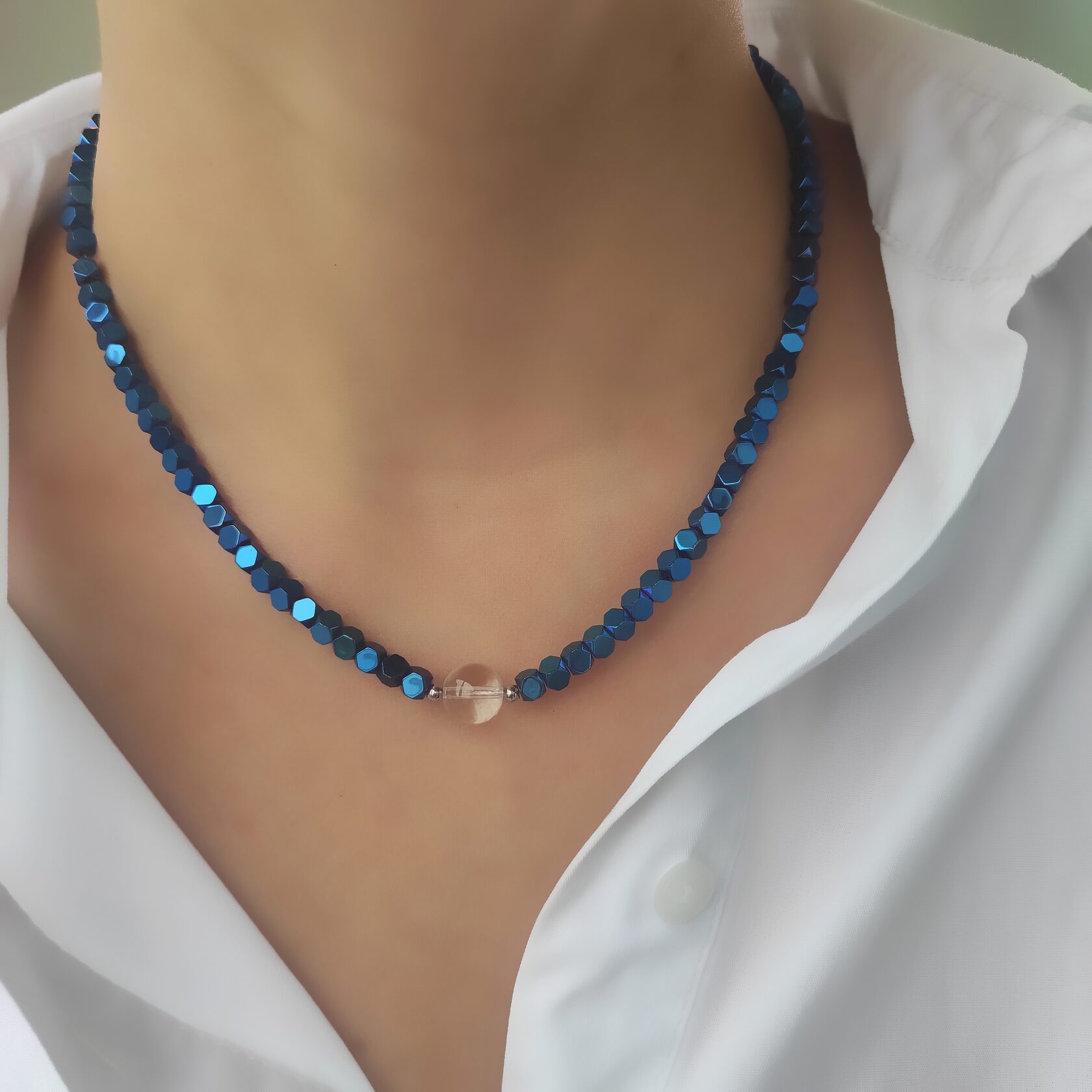 Чокер синий гематит + горный хрусталь - Харизма