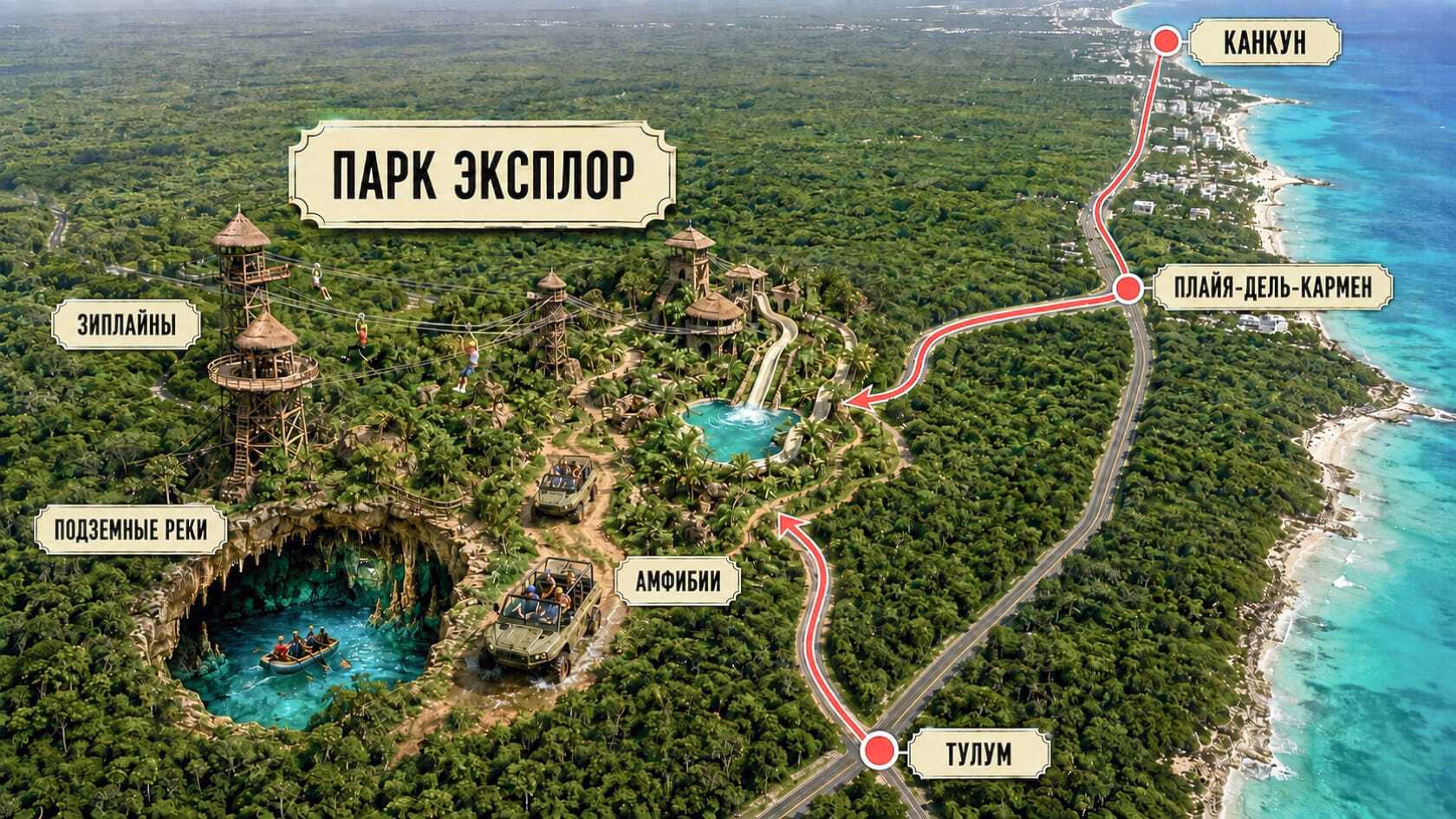 Маршрут в парк развлечений Эксплор в Мексике.