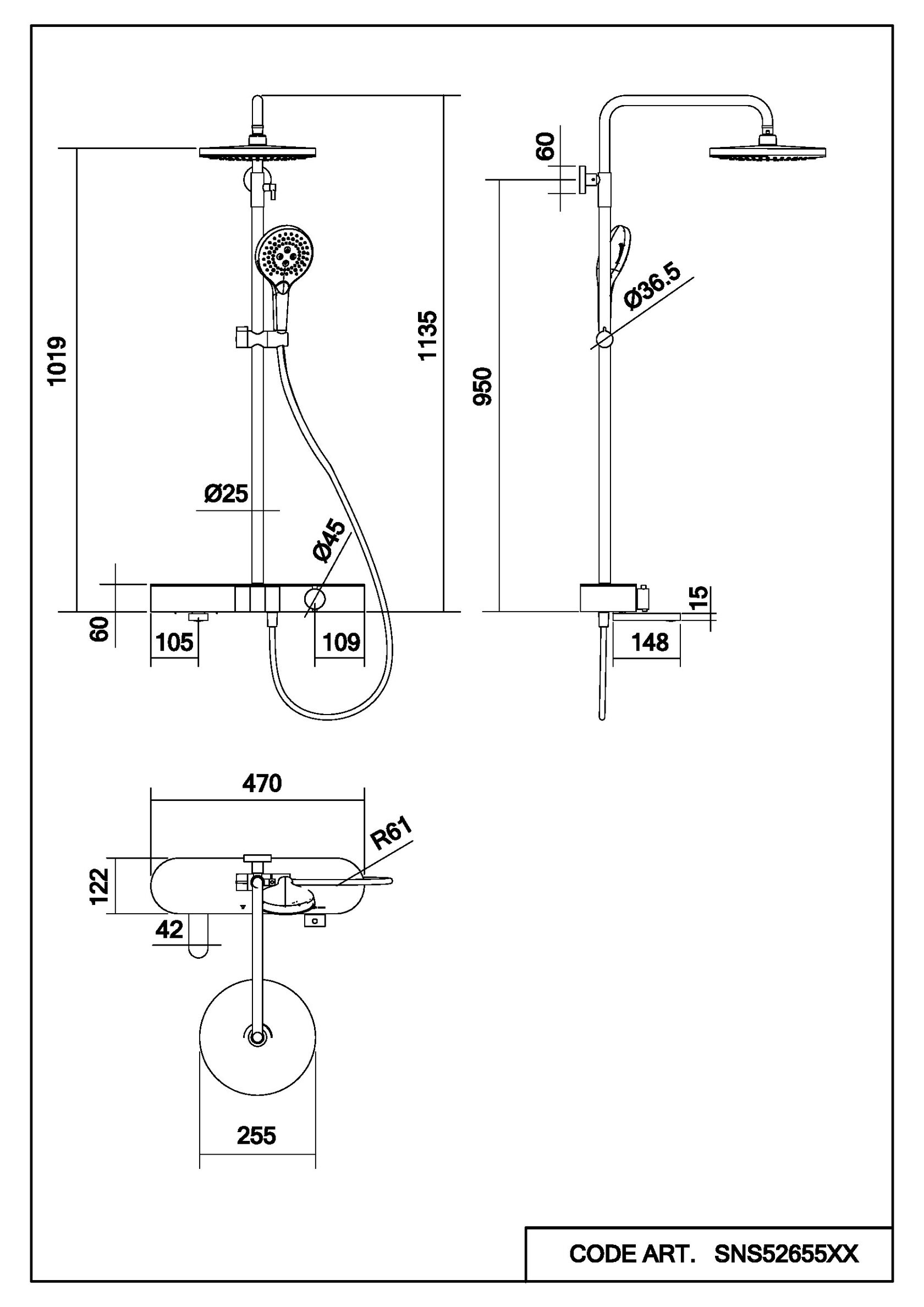 Душевая система Intensa с изливом, круглая, схема