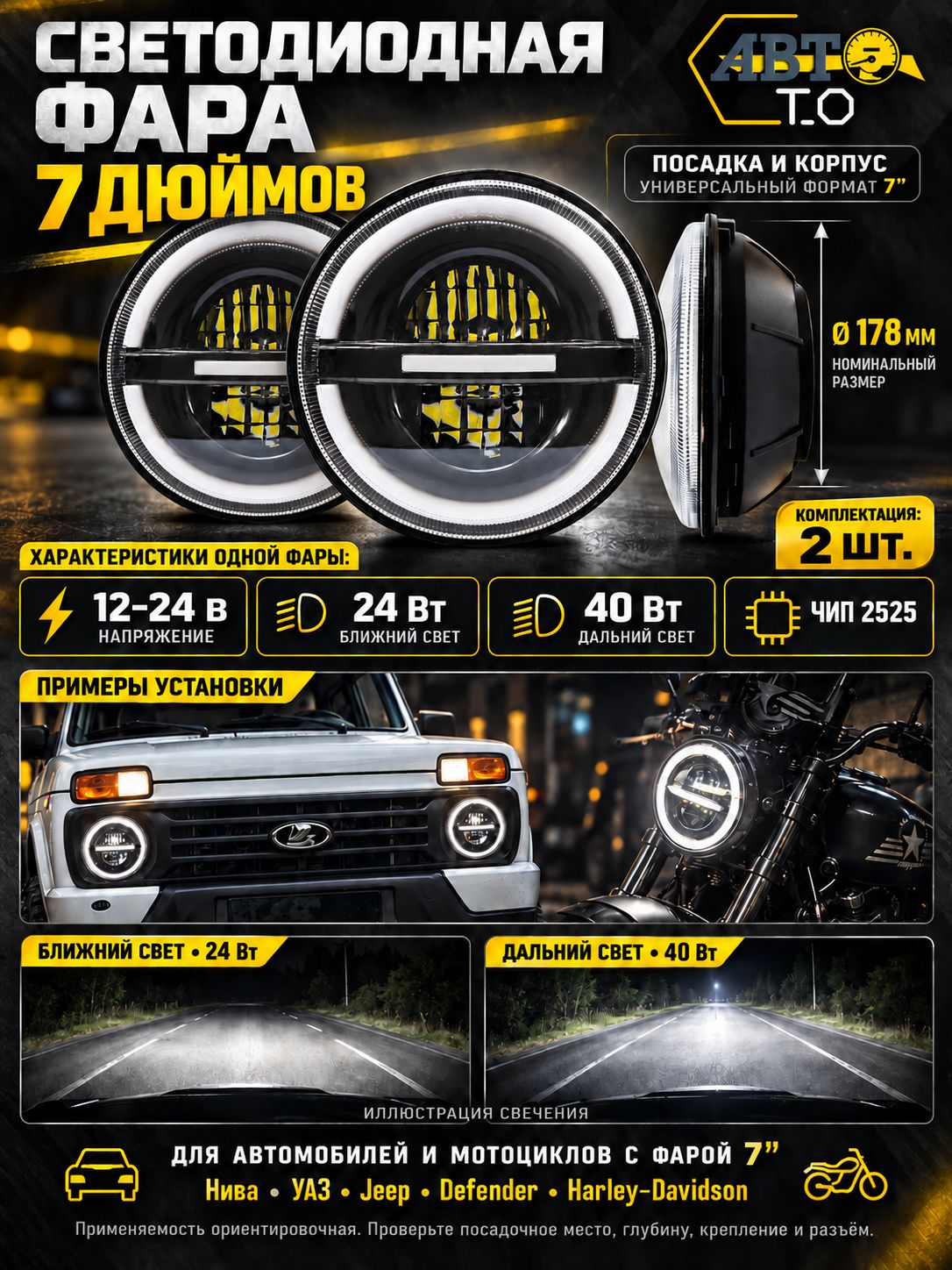 Автомобильные светодиодные фары (2шт) 7 дюймов НИВА / УАЗ / ВАЗ 24/40W