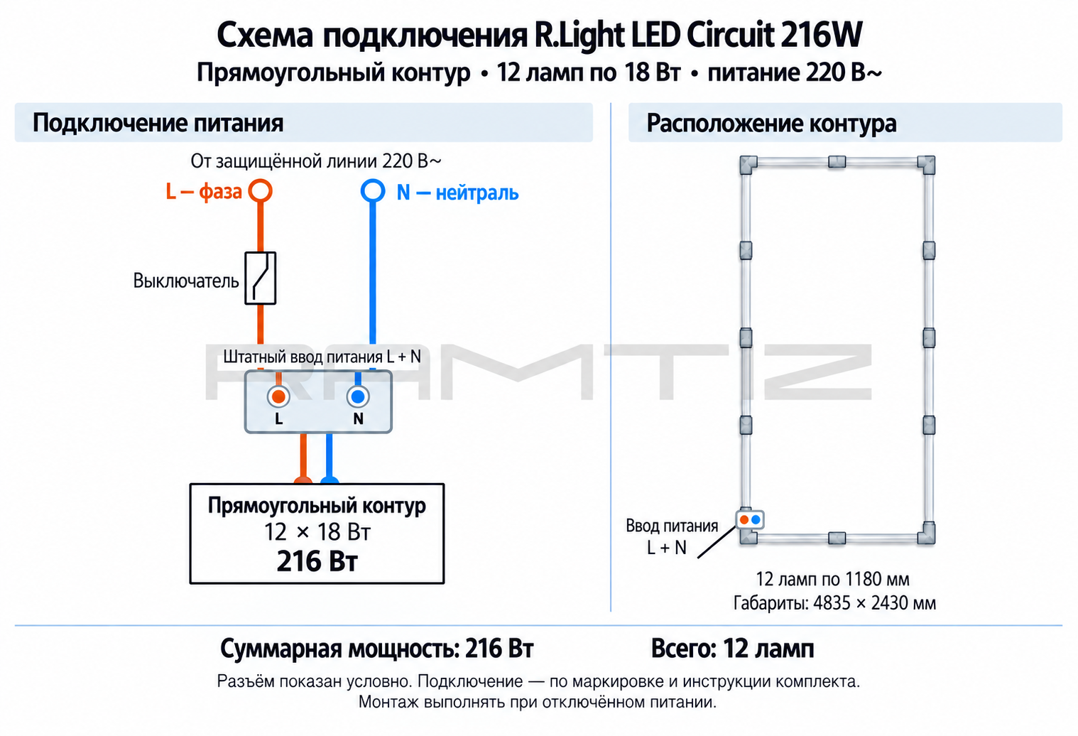 Схема подключения светодиодного освещения прямоугольник R.Light LED Сircuit 216W