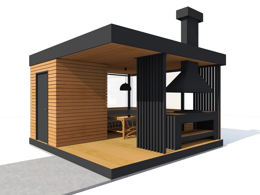 Sketchup беседка с барбекю 3х4. односкатная беседка 4х5. беседка куб, арт. современная беседка с мангальной зоной. беседка-летняя кухня застекленная.
