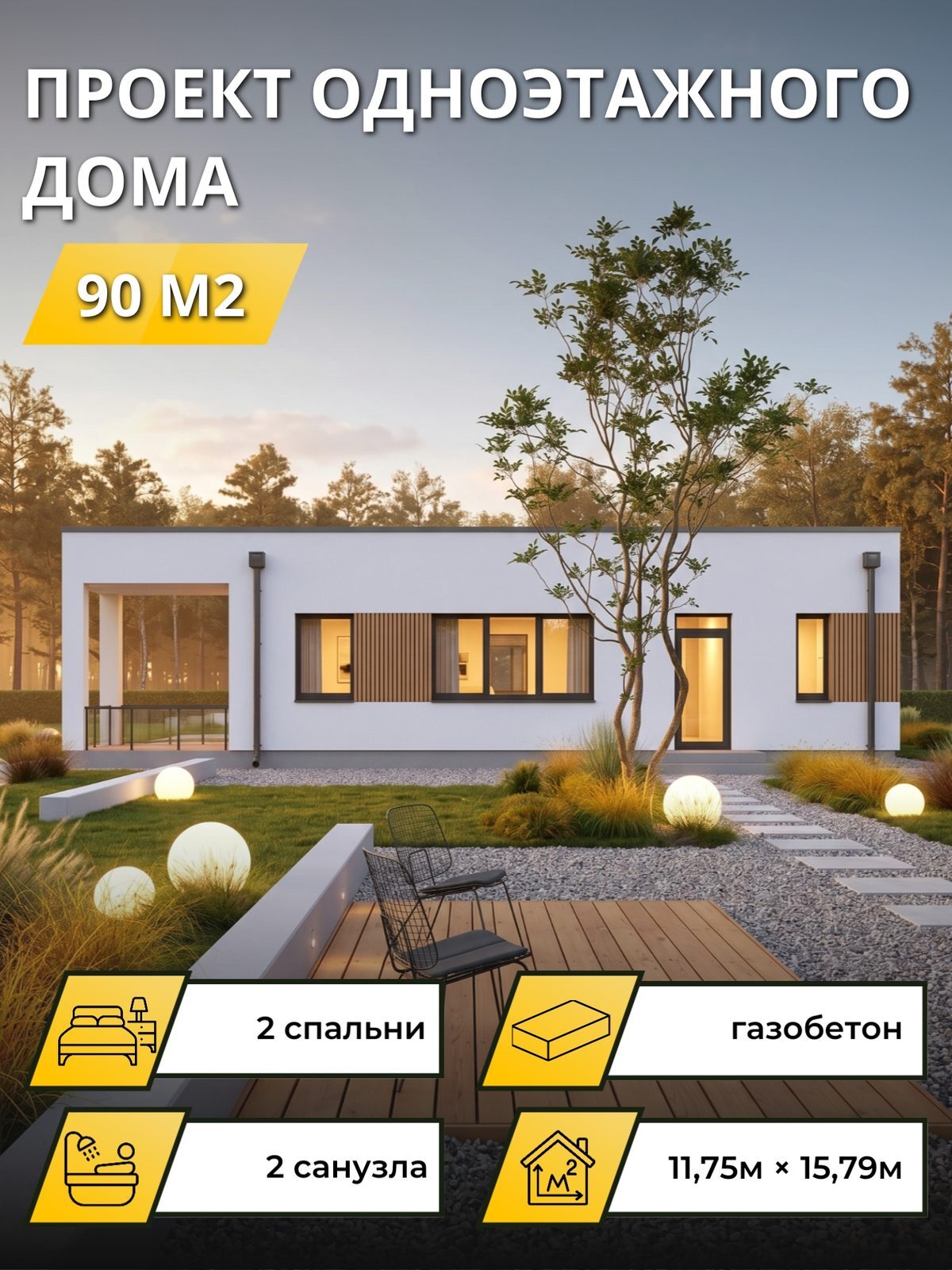 Проект дома 31,6 м2 / Газобетон / 1 этаж / 11,06×14,50 м
