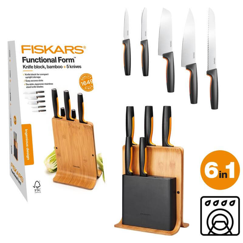 Набор из 5 ножей FF Fiskars с подставкой из бамбука