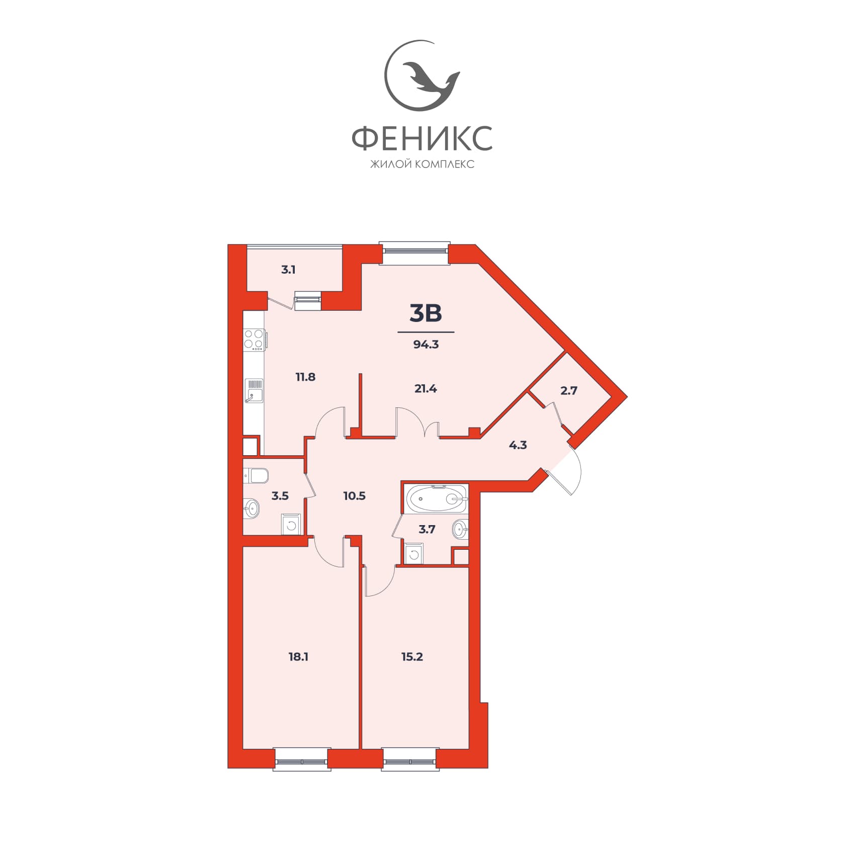 3-комнатная квартира 94.3 м²