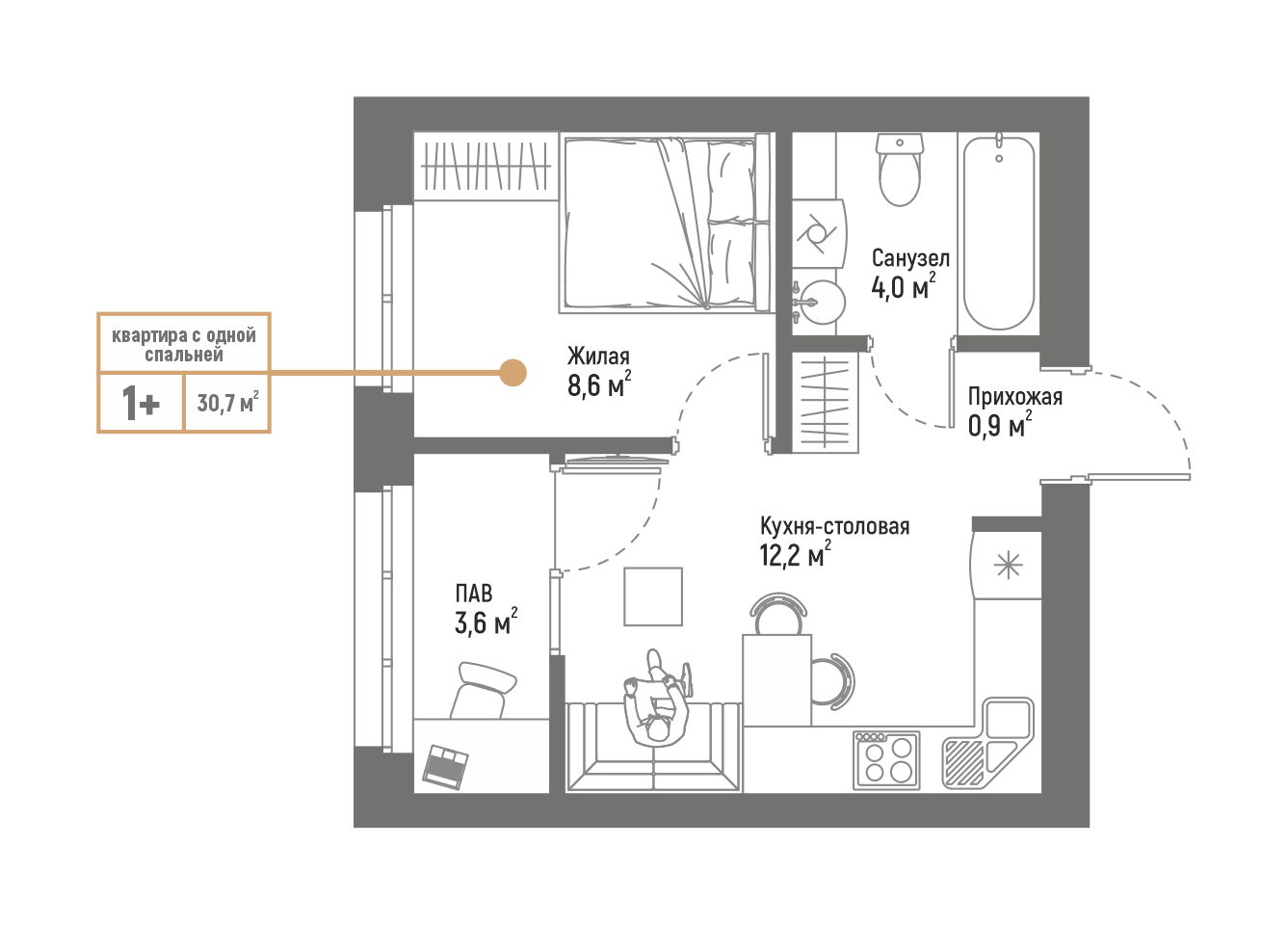 1+ комнатная квартира 30.7м²