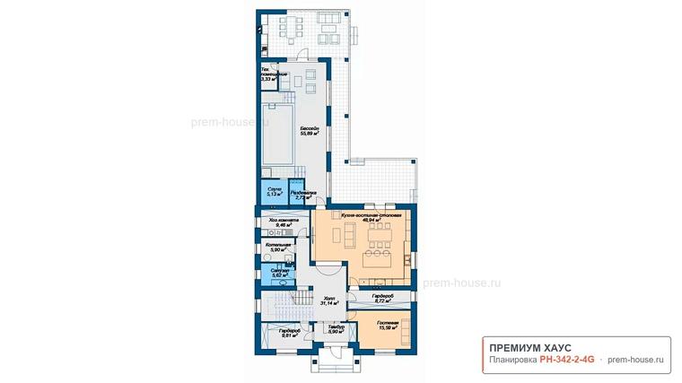 Планировка 1 этажа дома Дом с бассейном в классическом стиле, 342 м²— Премиум Хаус