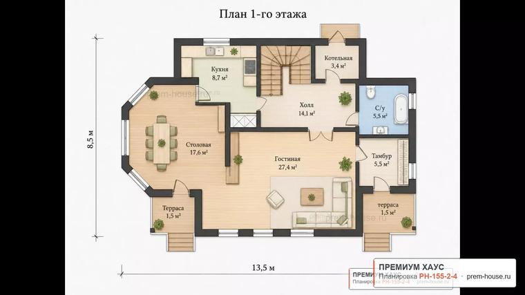 Планировка 1 этажа дома 2х этажный дом 4 спальни Хапо-Ое, 155 м² — Премиум Хаус