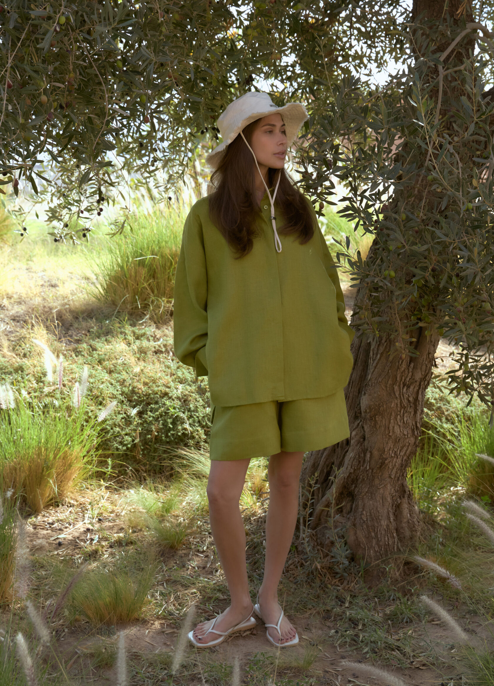 

Льняной костюм Ideal: рубашка + шорты - Зелёный, Olive;зелёный
