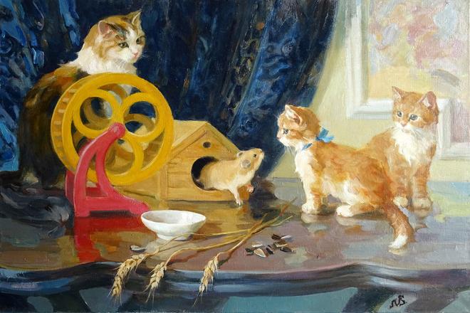 Картина «Коты и хомяк» - Новосадюк Святослав