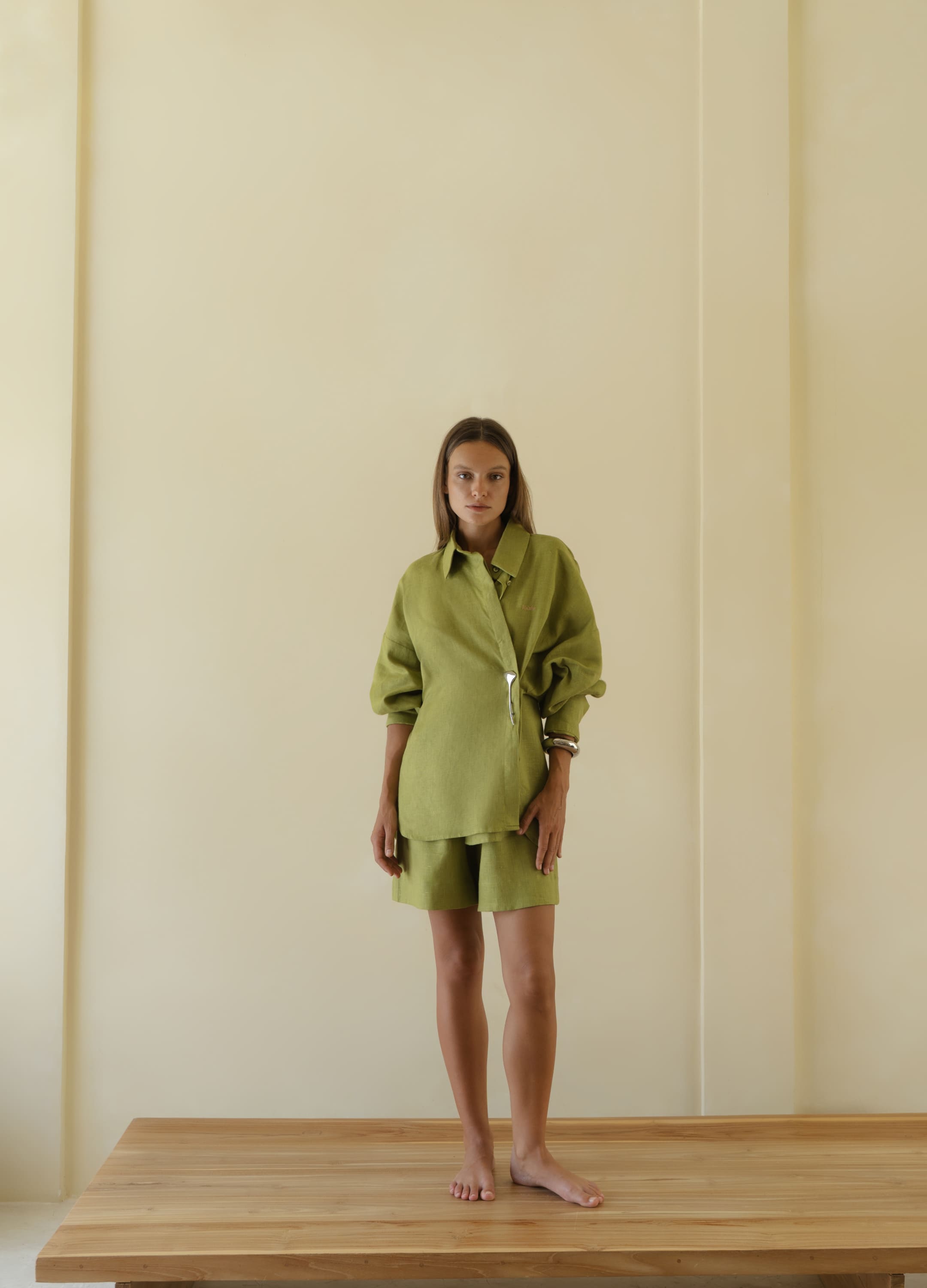 

Льняной костюм Ideal: рубашка + шорты - Зелёный, Olive;зелёный