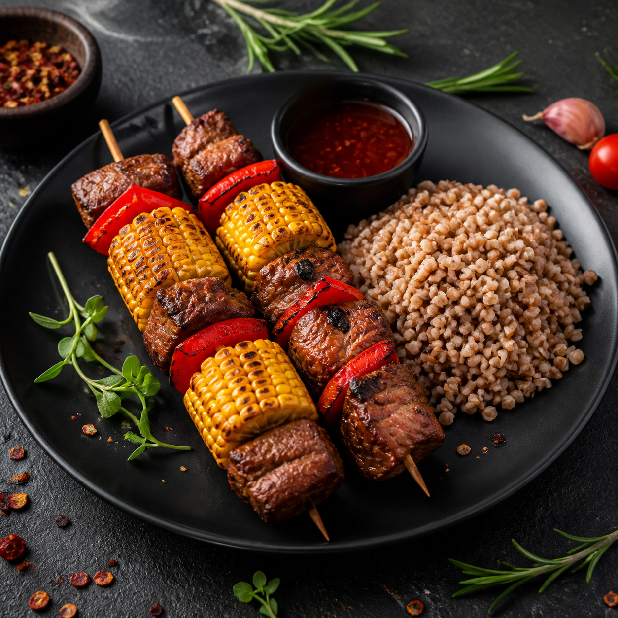 Брошеты из говядины с кукурузой и перцем — порция 350 г