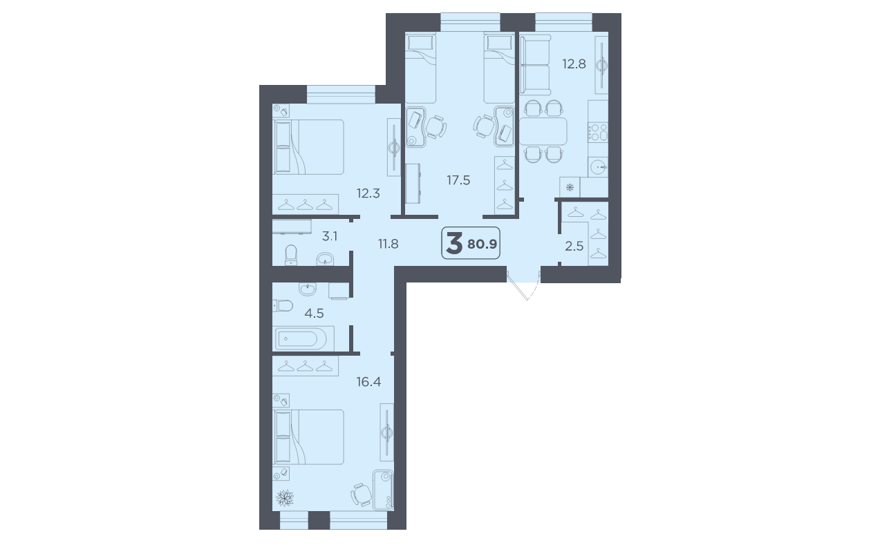 3-Комнатная, 80.9 м2 - Квартал Перемен в Тюмени