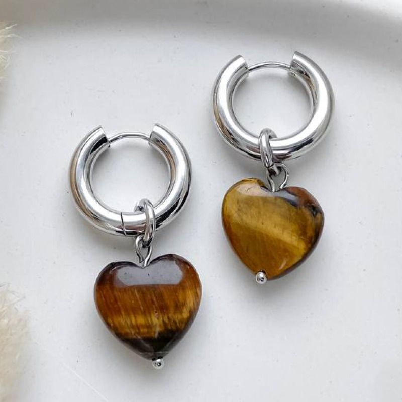 Серьги-конго с тигровым глазом в форме сердца