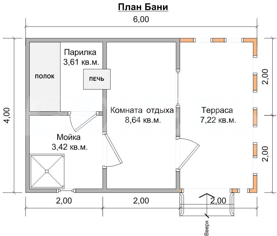 Проект каркасной бани с комнатой отдыха и террасой