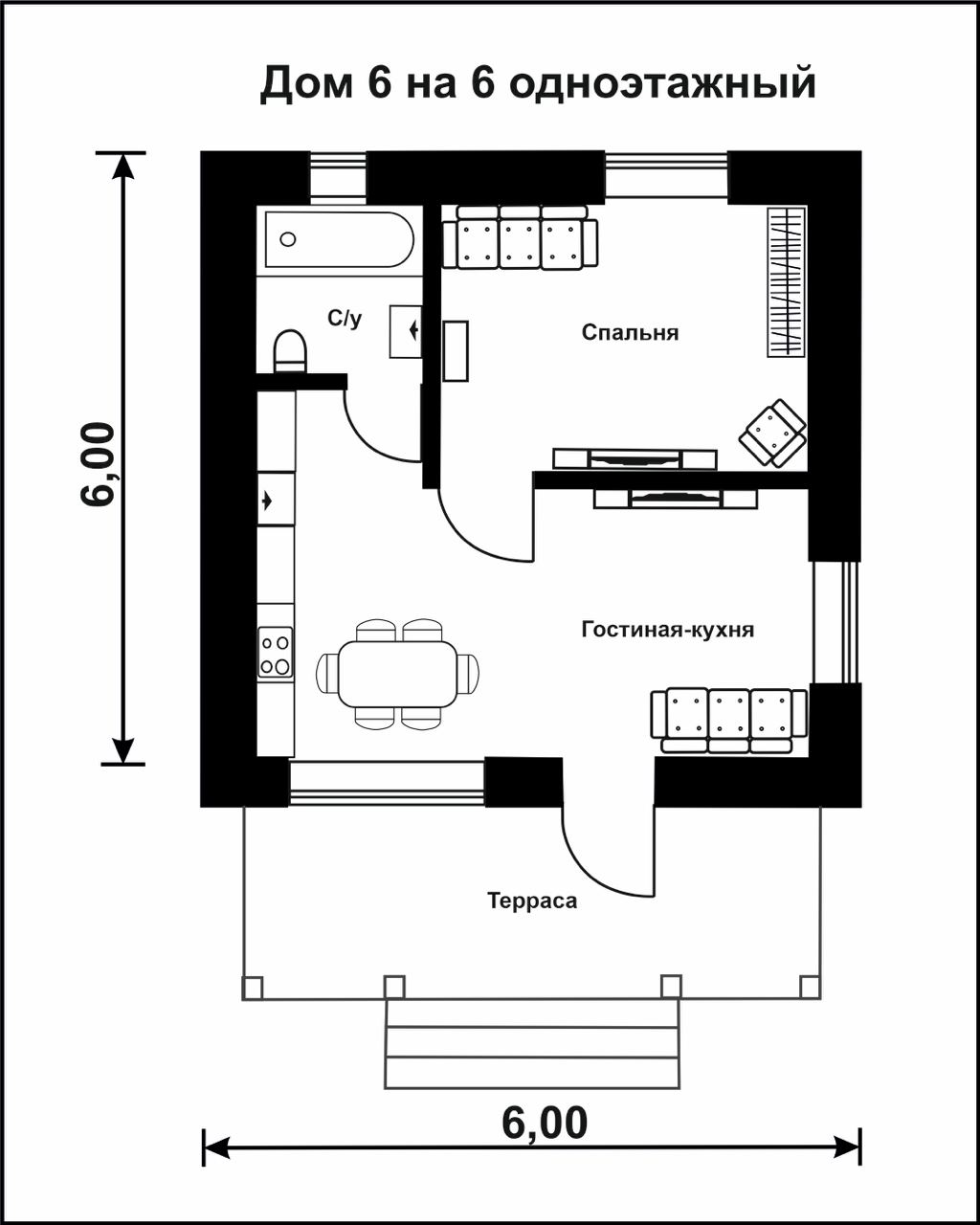 Планировка дома 6 на 6 одноэтажный с санузлом и двумя спальнями и кухней