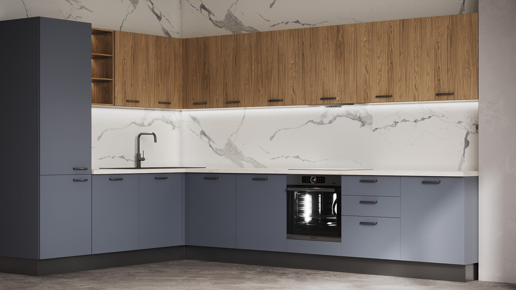 Заказать угловую кухню «Юни» Синий-дымчатый от Командор в современном ...