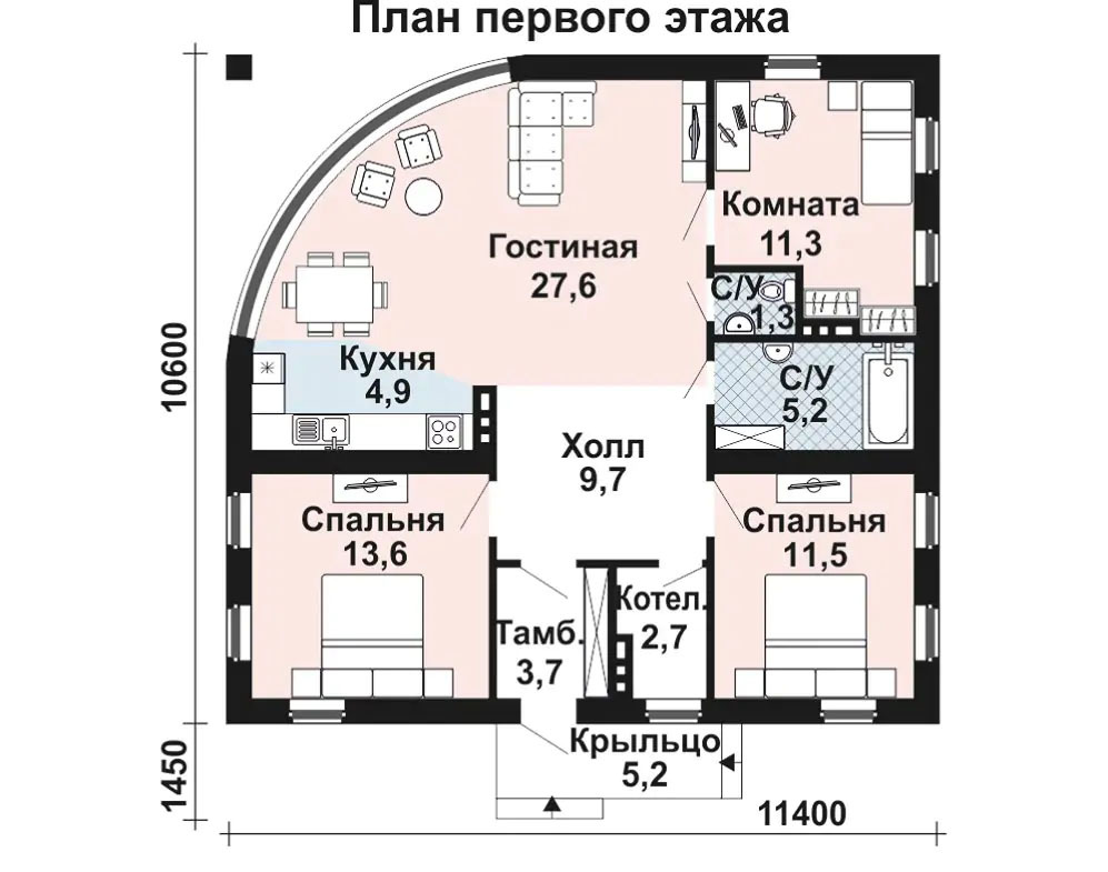 Проект 1 этажного дома с 2 спальнями