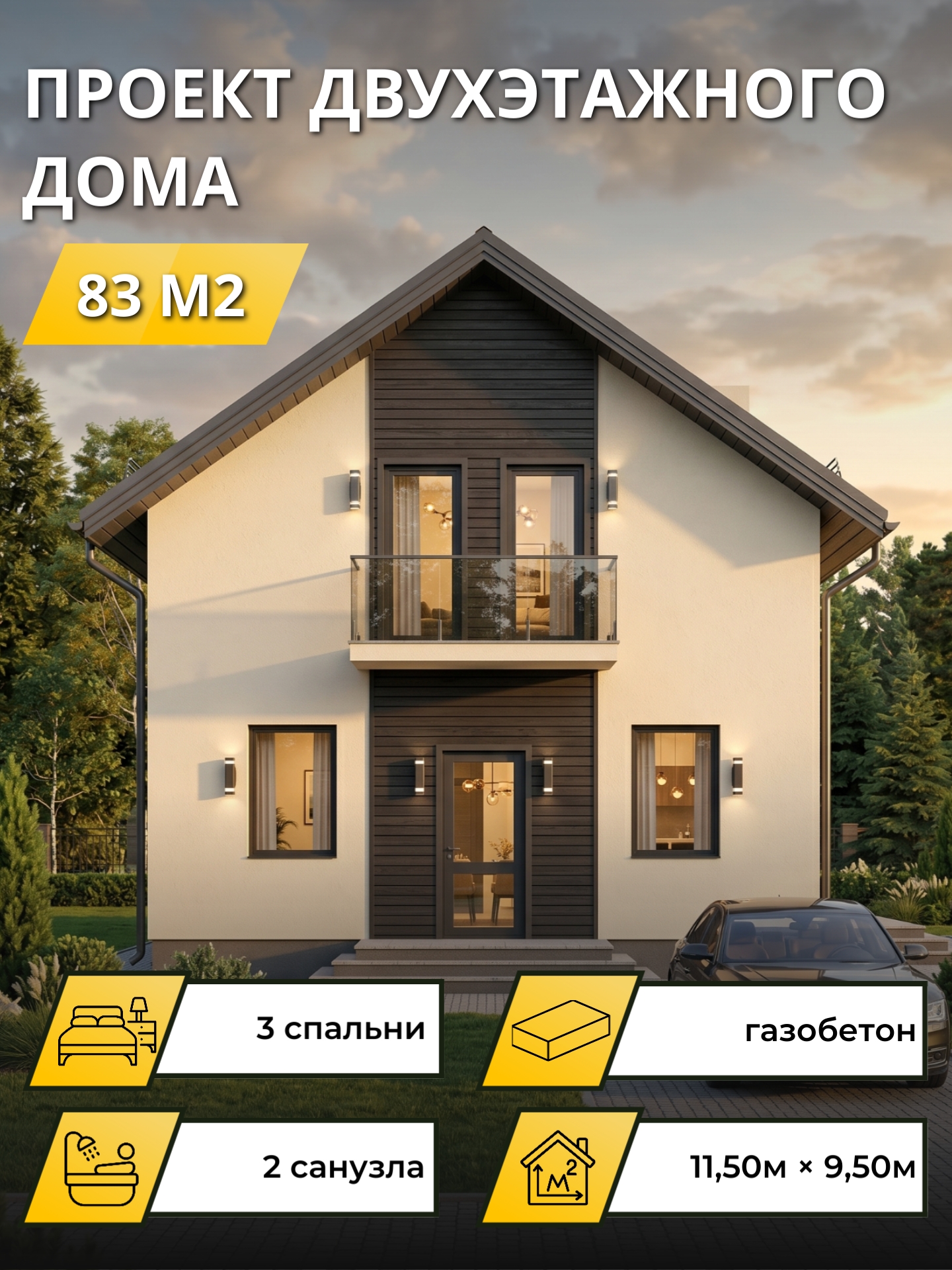 Проект дома 83 м2 / Газобетон / 2 этажа / 11.5×9,5 м / 34 листа / OPGD103