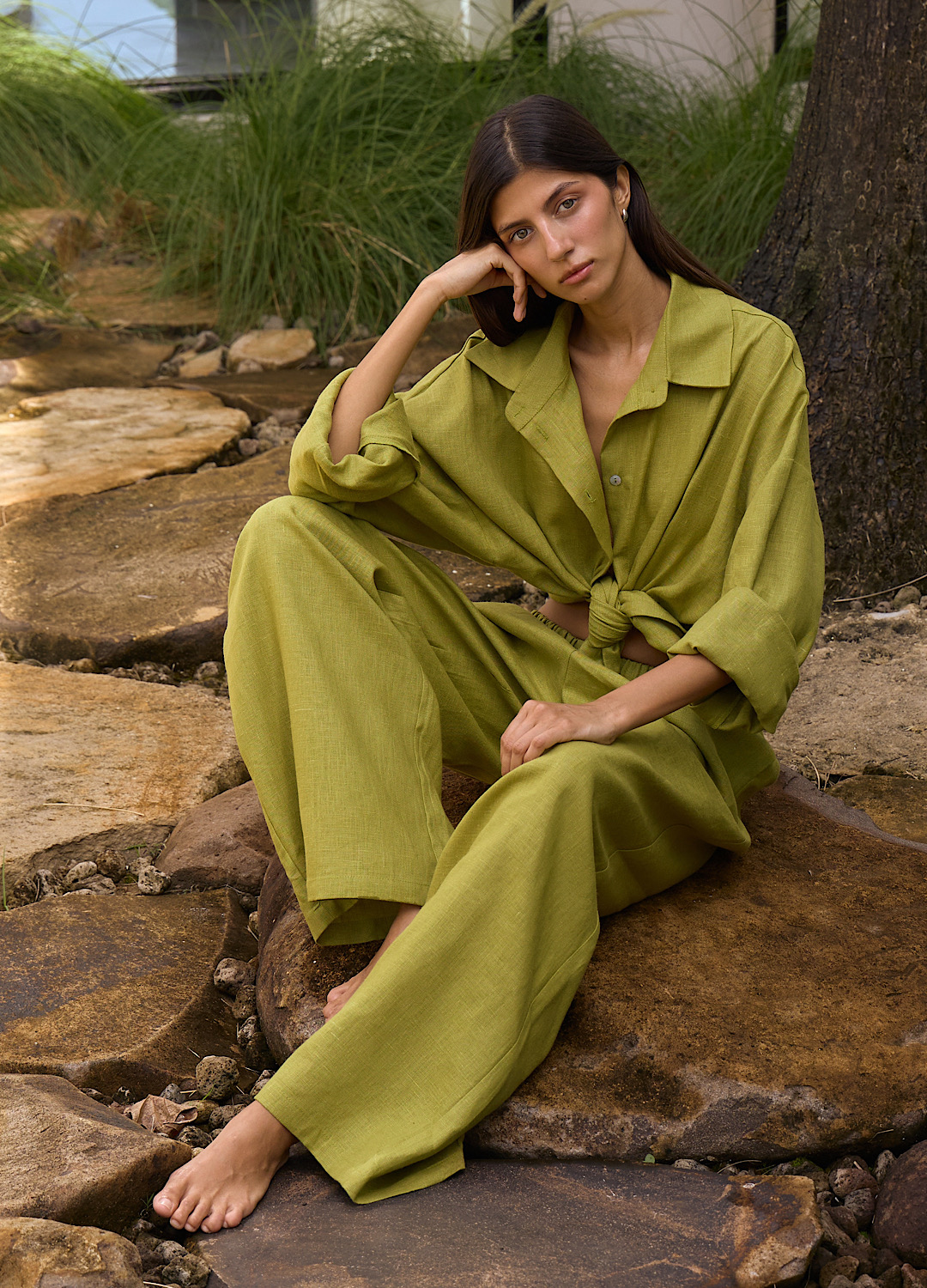 

Идеальный костюм изо льна: рубашка + брюки - Зелёный, Olive;зелёный