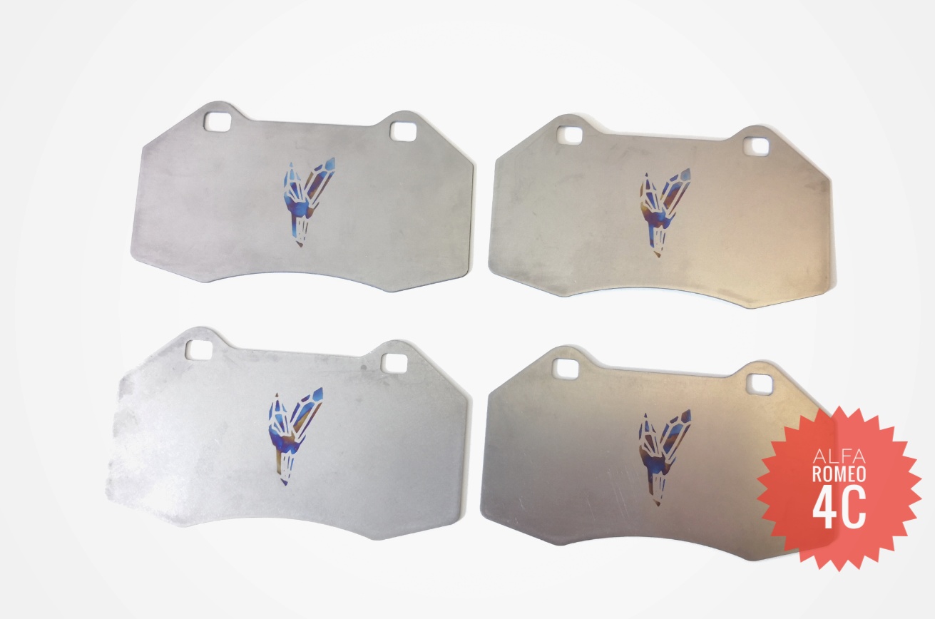 Titanium brake pad shims for Alfa Romeo 4C
