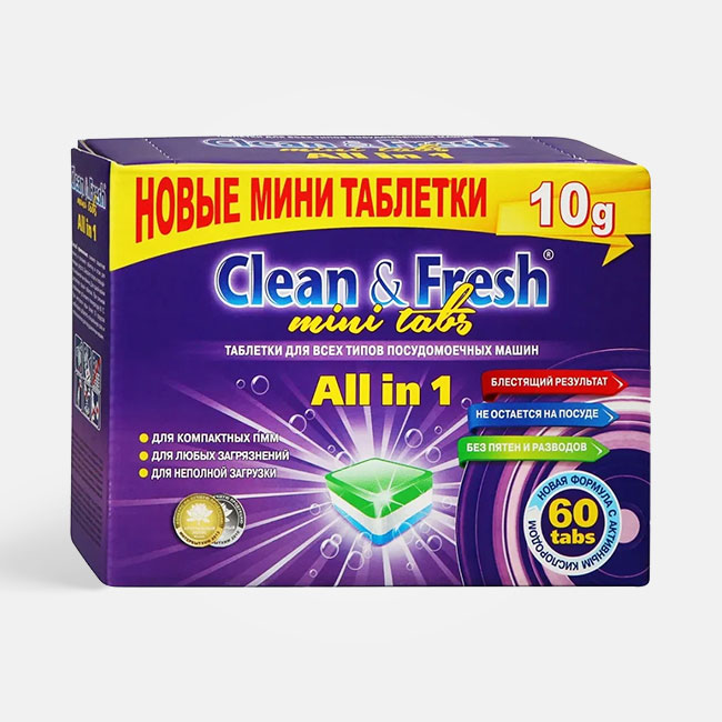 Clean fresh mini tabs. Мини-таблетки для ПММ clean&Fresh all in 1, 200 шт.