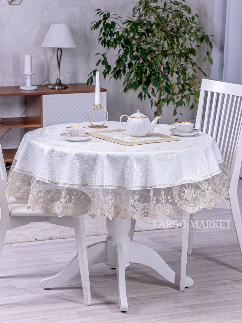 Скатерть из экокожи Кайман белый (кант кружево)