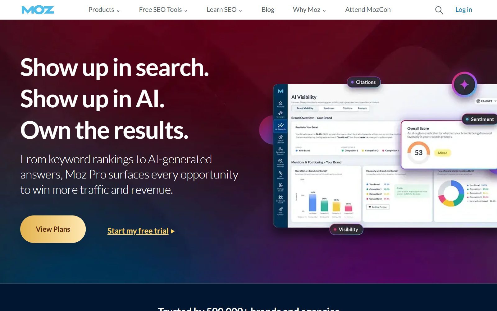 Moz homepage screenshot showing Moz Pro's AI visibility dashboard (October 2026)