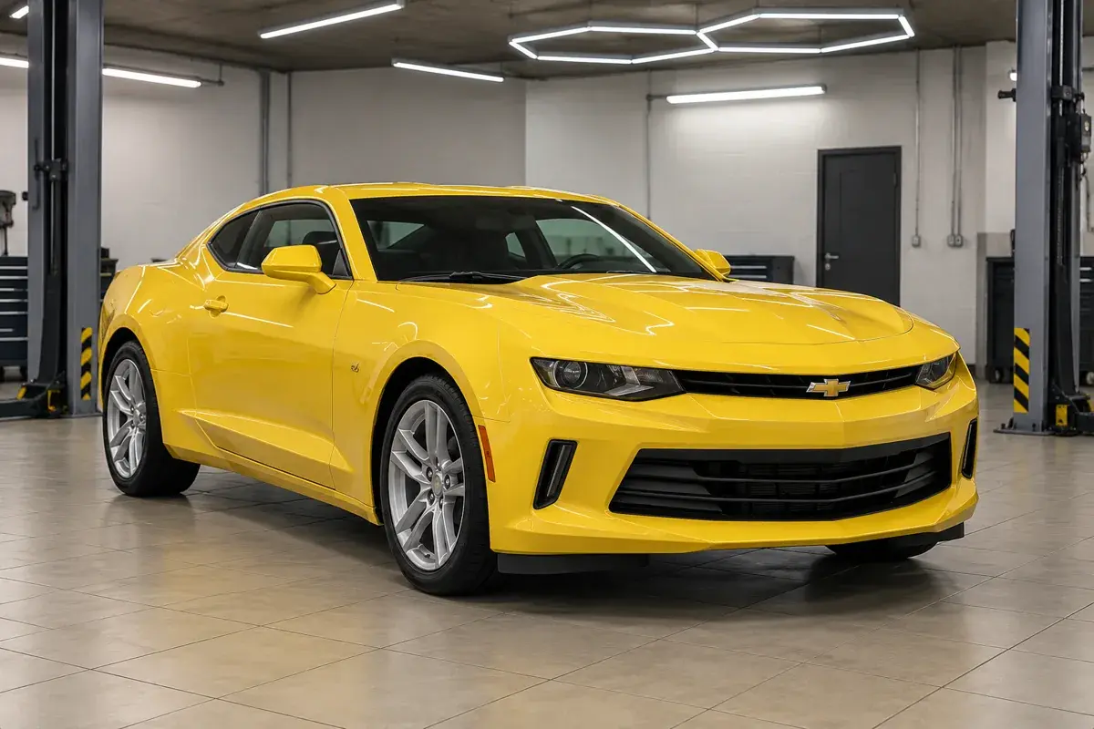 Иллюстрация: жёлтый Chevrolet Camaro в ремзоне