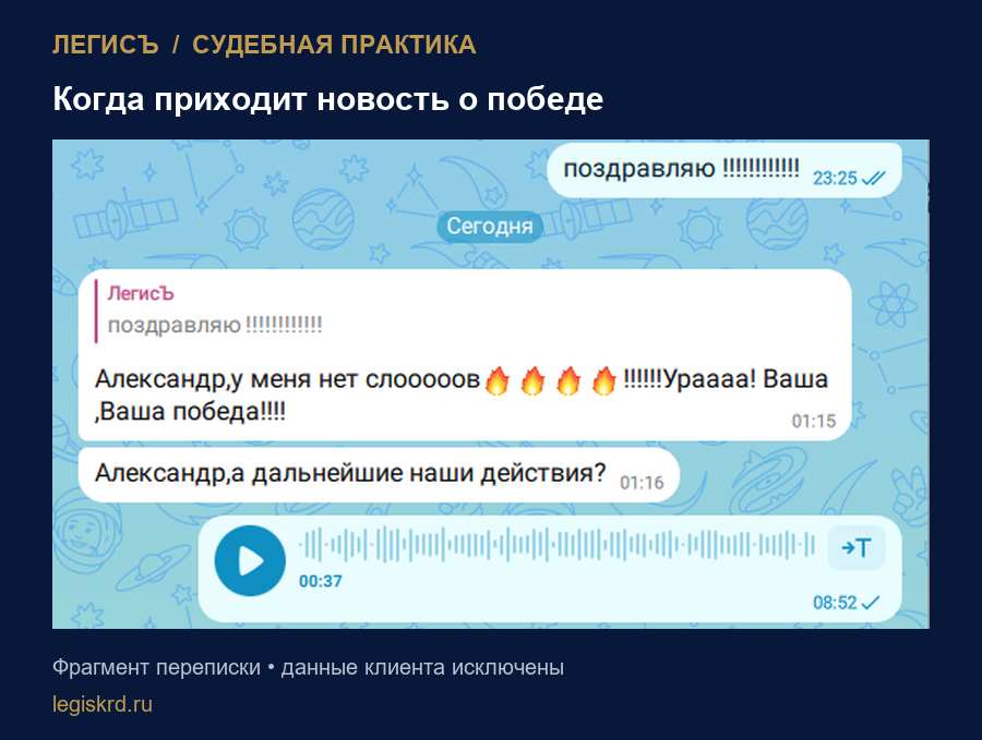 Переписка после решения суда: доверитель благодарит и спрашивает о дальнейших действиях