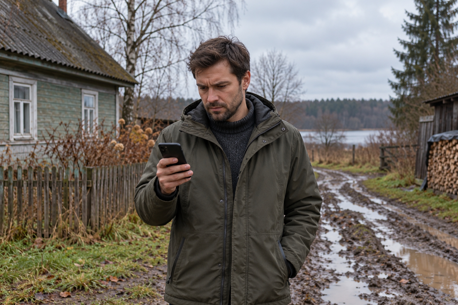 Мужчина в куртке проверяет телефон на фоне загородного деревянного дома в пасмурный день