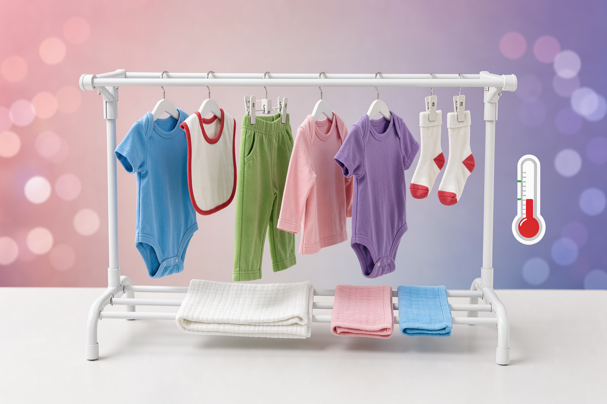 A drying area indoors with baby clothes hung on a drying rack, soft natural light, a small thermometer icon showing moderate temperature nearby, no logos