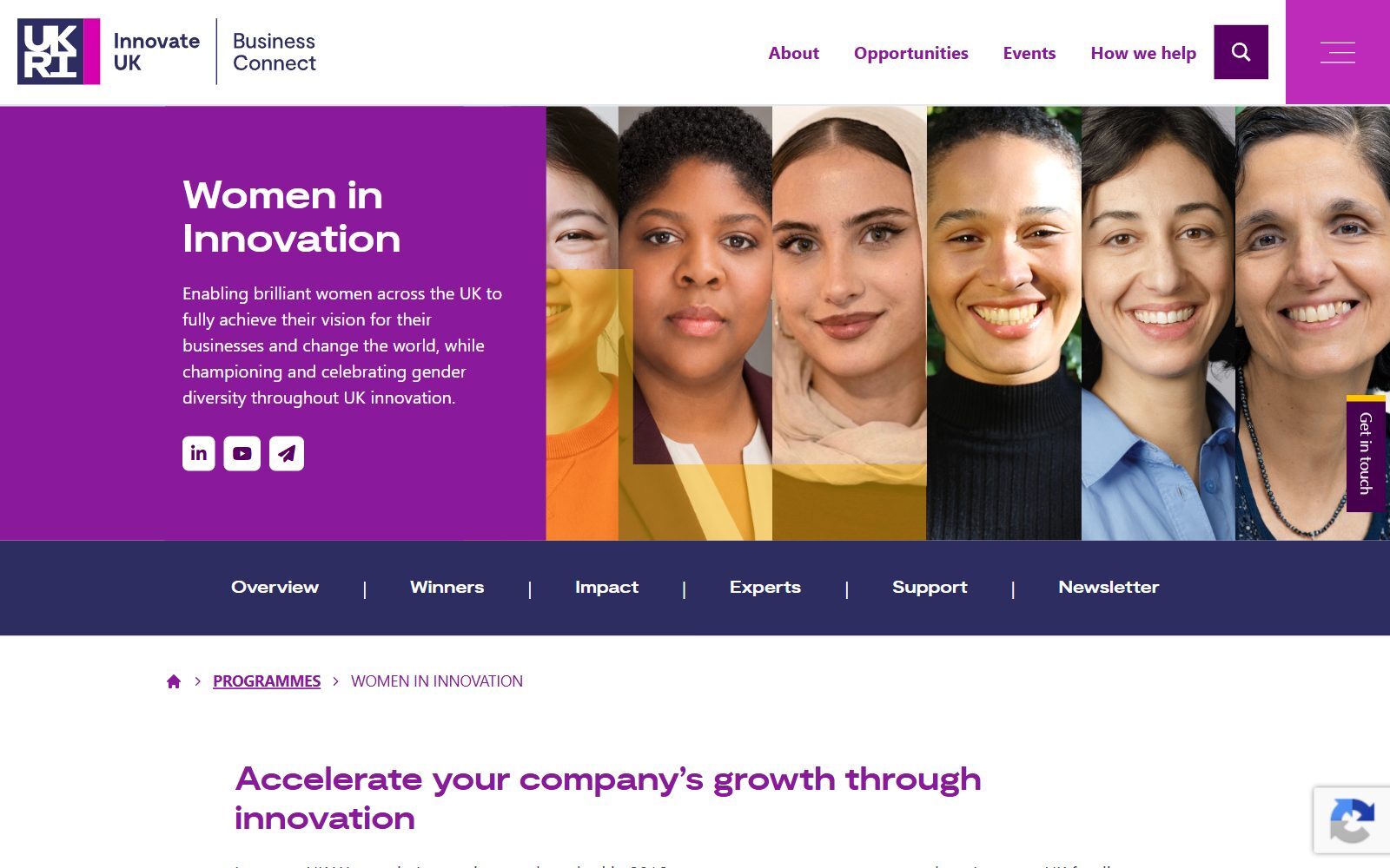 Innovate UK Business Connect Women in Innovation programme page screenshot (October 2026)