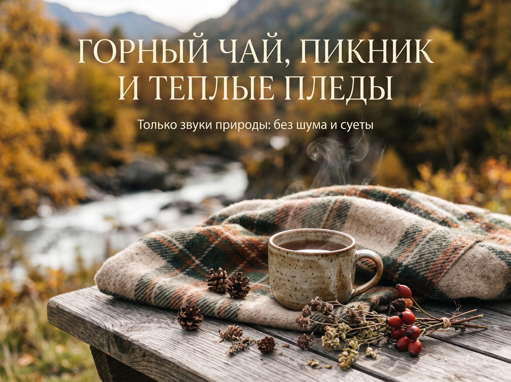 Горный чай, пикник и тёплые пледы — кружка чая на деревянном столе у горной реки
