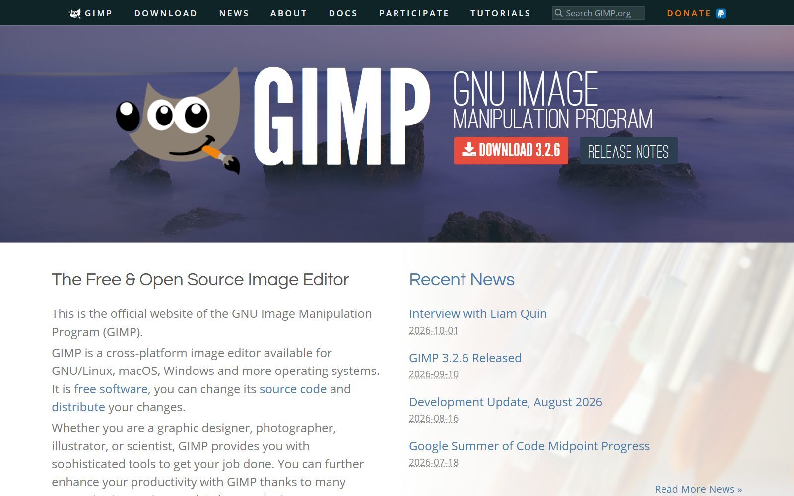 GIMP homepage screenshot with the 3.2.6 download (October 2026)