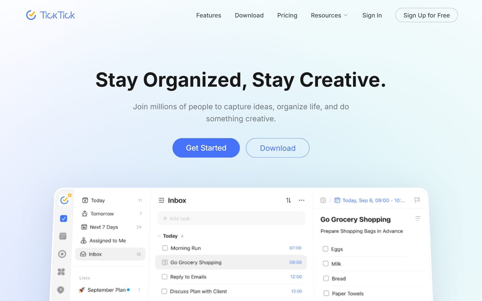 TickTick homepage screenshot (October 2026)