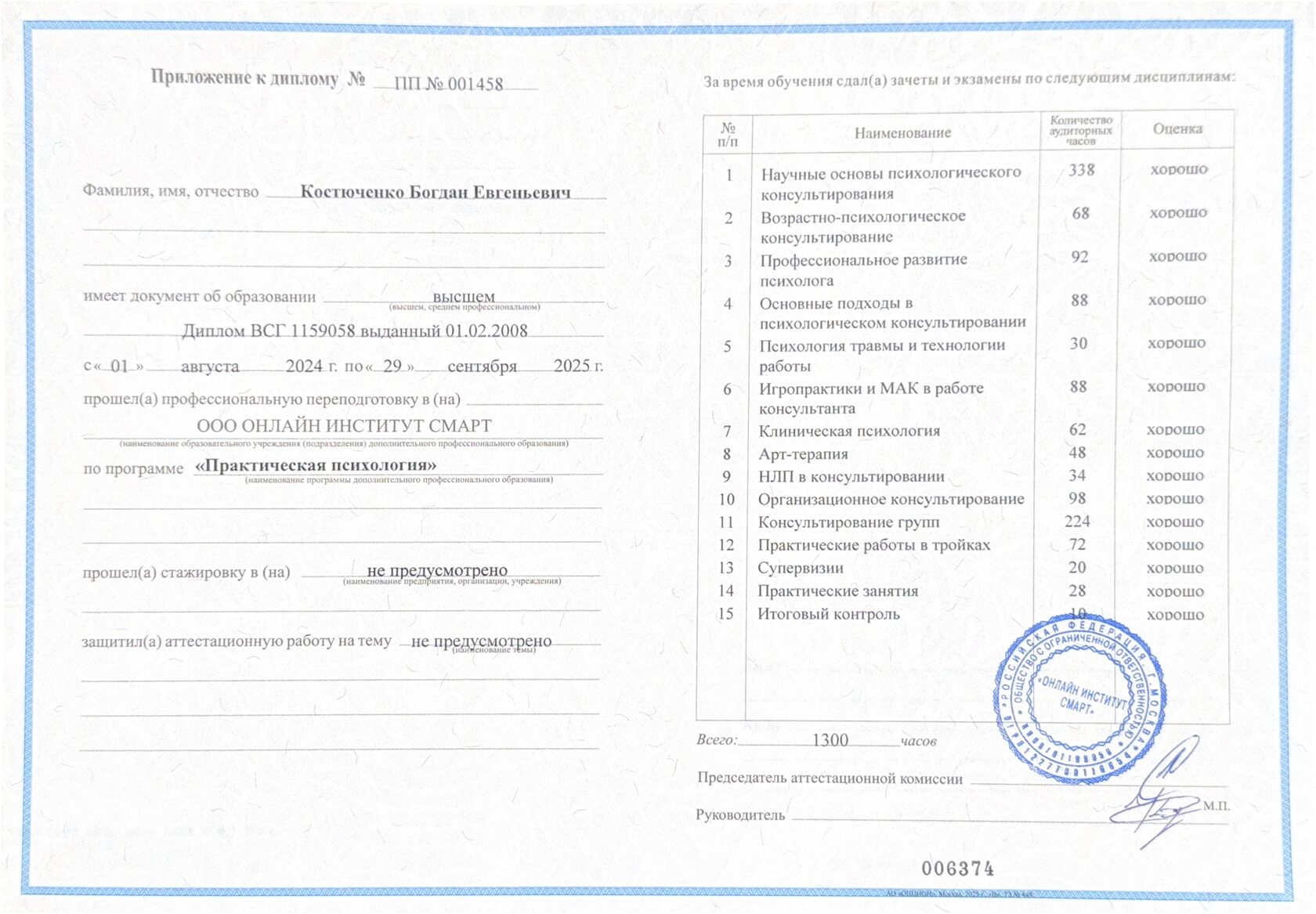 Приложение к диплому SMART
