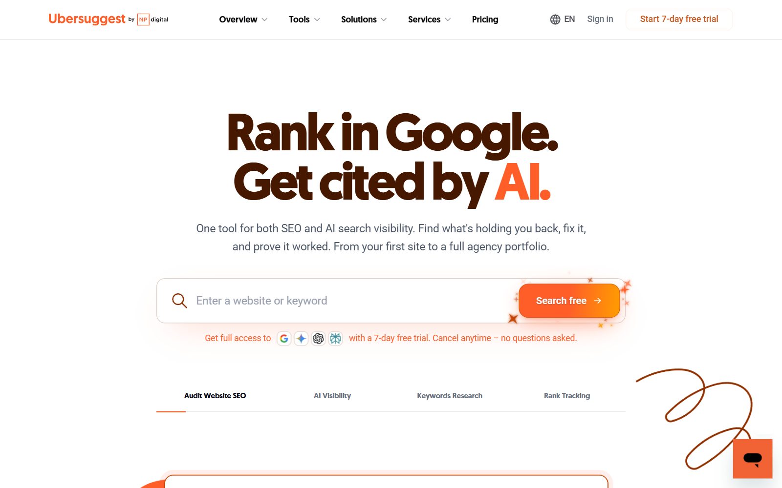 Ubersuggest homepage screenshot (October 2026)