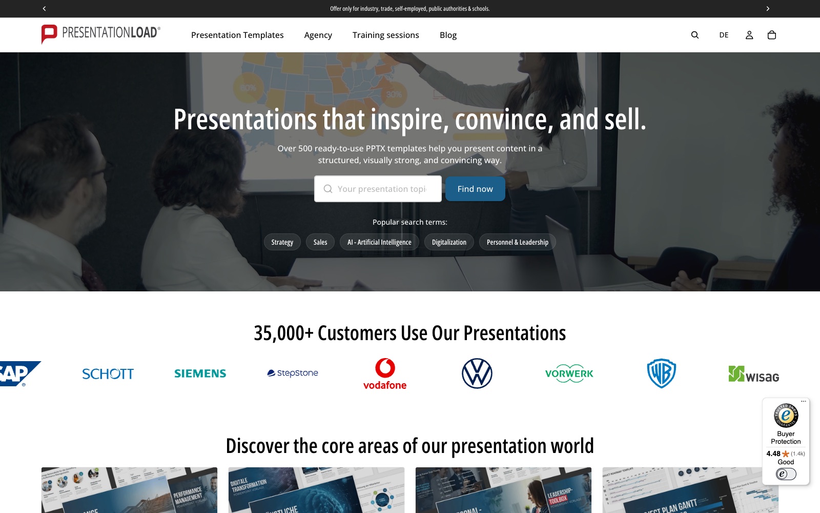 PresentationLoad homepage screenshot: pitch deck agency in Europe