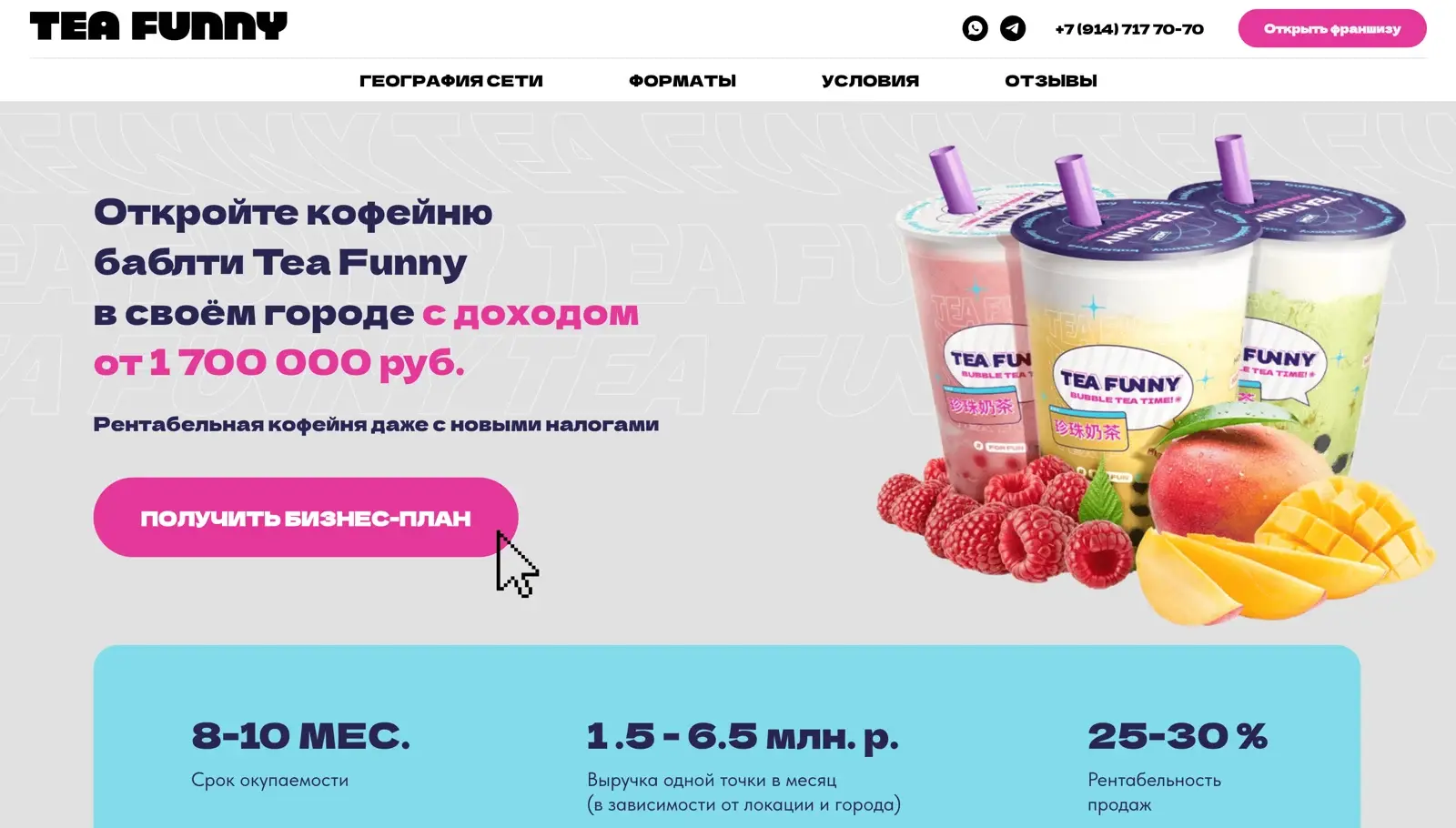 Посадочная страница франшизы Tea Funny из материала проекта