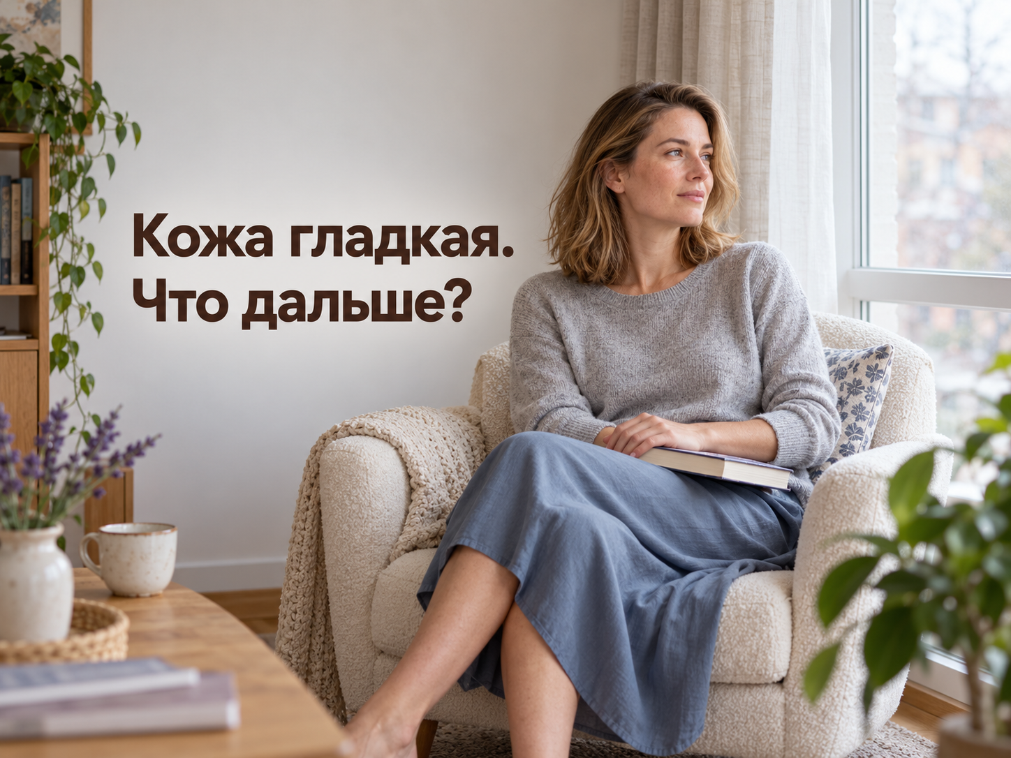Женщина в сером свитере и голубой юбке отдыхает в кресле у окна. Кожа гладкая. Что дальше?