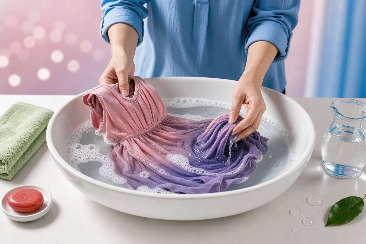 Gentle hand-washing scene: a delicate dress submerged in a basin of water with foam, visible careful swirling and rinsing, soft lighting