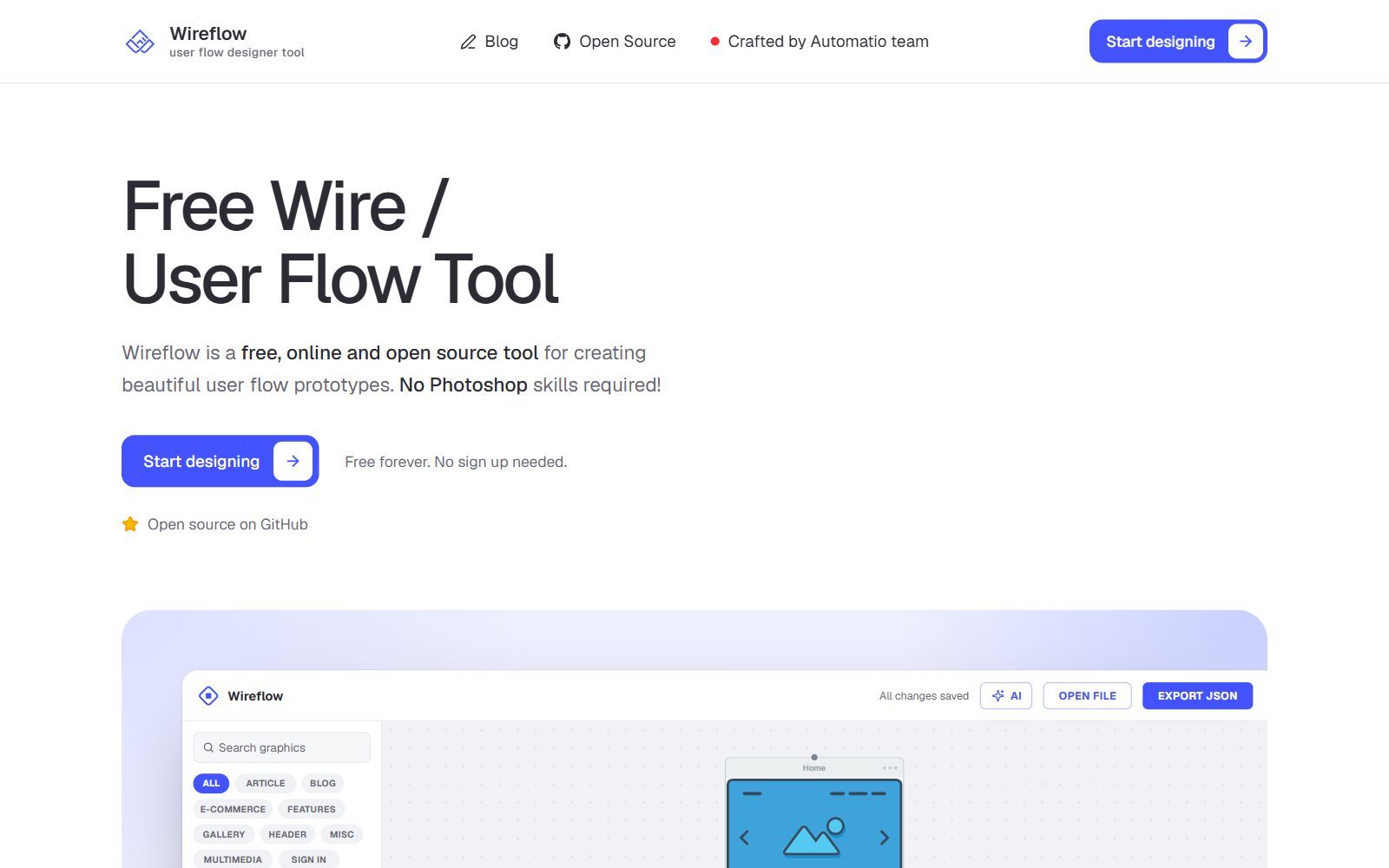 Wireflow free open-source user flow tool homepage screenshot (October 2026)