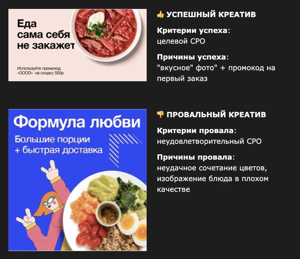 Pair 1. Food delivery. Success: an appetizing photo and a promo code for 500 RUB off the first order (criterion: target CPO). Fail: an unfortunate color combination and a low-quality image of the dish.