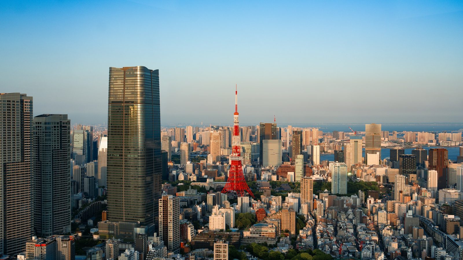 Tokyo skyline at sunrise with the red and white Tokyo Tower among skyscrapers and Tokyo Bay in the background