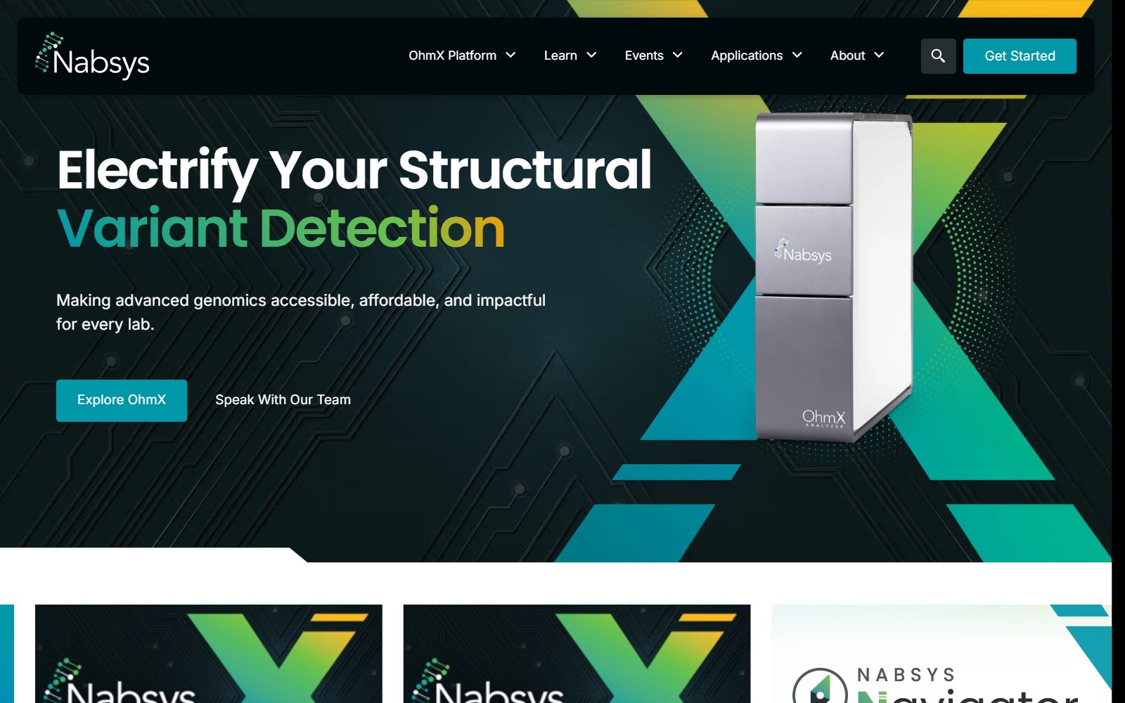 Nabsys OhmX electronic genome mapping homepage screenshot (October 2026)