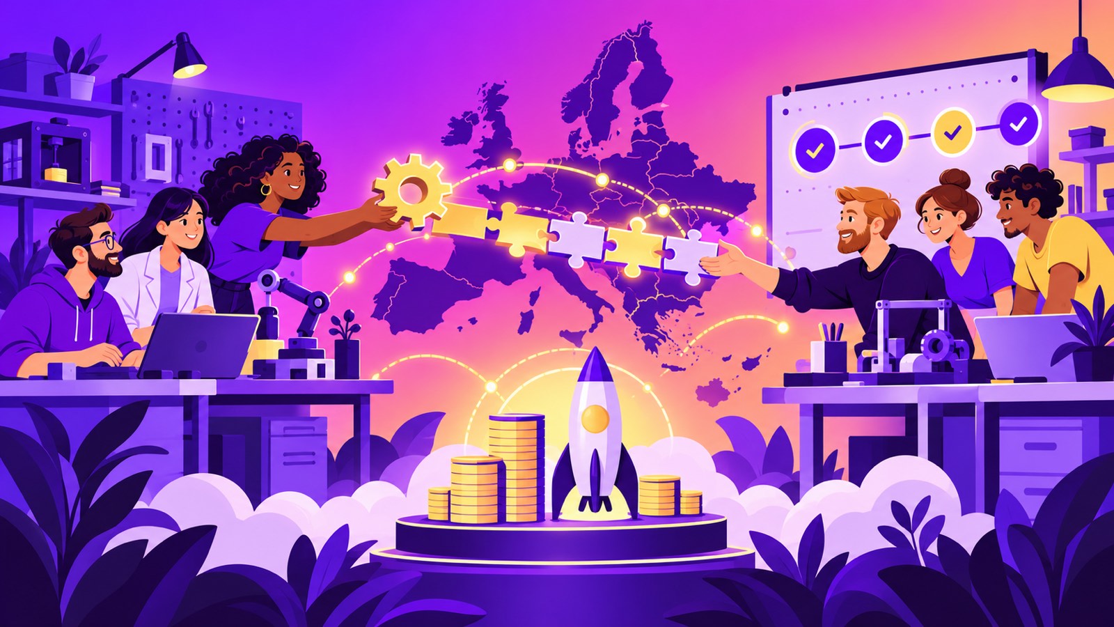 Eurostars illustration: two SME founder teams in different European countries handing a prototype gear across a puzzle-piece bridge, with a milestone board, coins and a rocket